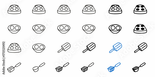 Assorted kitchen and food icons including molds ice cream and scoops arranged in a grid pattern