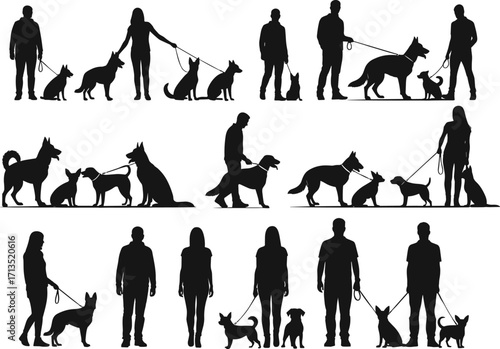 Silhouette people walking dogs on leash, pet training obedience concept, outdoor activity, companionship, canine behavior, friendship, dog walking exercise, pet care illustration