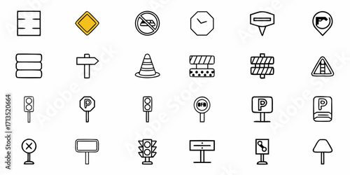 Collection of various street signs and traffic related icons in a vector format design set illustration
