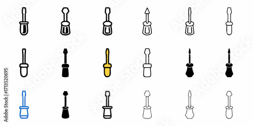 Collection of eighteen screwdrivers in various styles and colors arranged in a grid pattern on white
