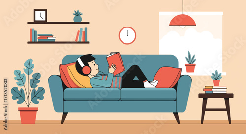 Adobe illustrator artwork vector illustration. A relaxed person with headphones lies comfortably on a sofa, enjoying reading a book in a cozy living room. Home leisure, vector art