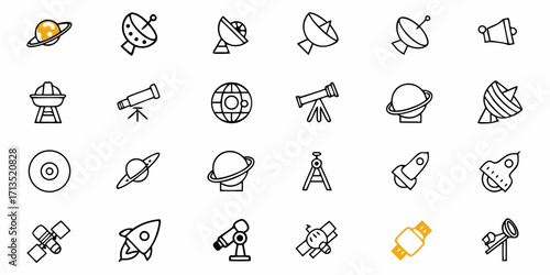 Collection of space exploration icons featuring planets, satellites, telescopes, and rockets in outline style