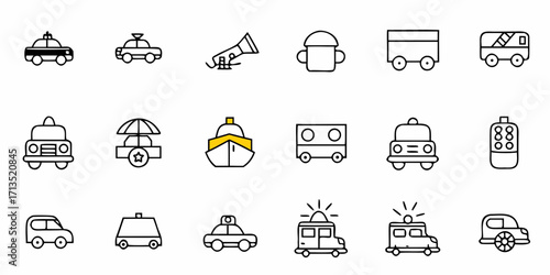 Collection of various transportation and emergency service icons in a line art style on white background