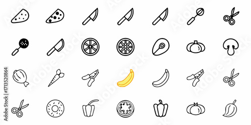 Illustration of various kitchen utensils and food items in a simple black and white style design