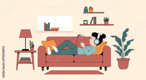 Adobe illustrator artwork vector illustration. A relaxed person with headphones lies comfortably on a sofa, enjoying reading a book in a cozy living room. Home leisure, vector art