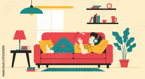 Adobe illustrator artwork vector illustration. A relaxed person with headphones lies comfortably on a sofa, enjoying reading a book in a cozy living room. Home leisure, vector art