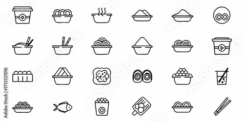 Collection of various asian cuisine dishes and drinks in outline style vector illustration set design