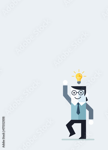 A stylized character in business attire celebrates a bright idea with a glowing lightbulb above their head, conveying innovation and success in a simple, graphic style