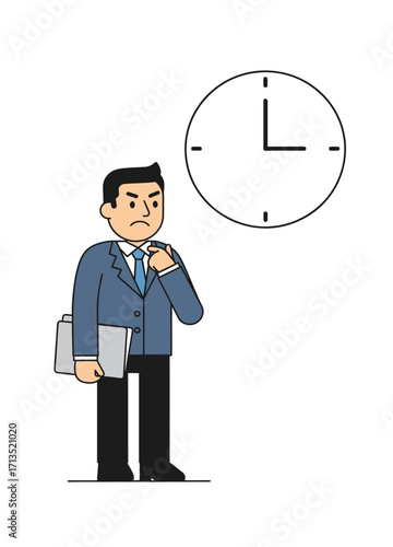 Businessman anxiously checks the time on a clock, indicating a sense of urgency or stress related to a deadline or appointment