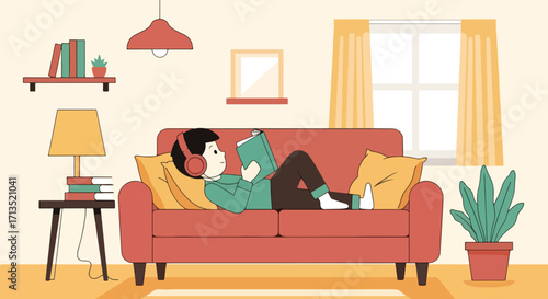 Adobe illustrator artwork vector illustration. A relaxed person with headphones lies comfortably on a sofa, enjoying reading a book in a cozy living room. Home leisure, vector art