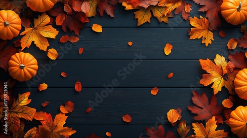 Thanksgiving Text in Center of Wooden Background with Autumn Decorations, Top View Web Banner with Copy Space