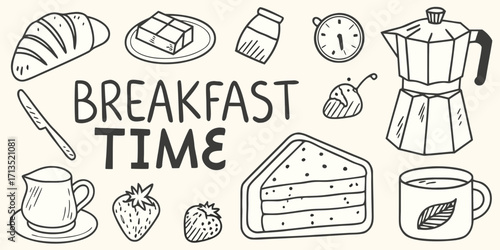 Hand drawn breakfast time elements with coffee pot croissant cake and berries