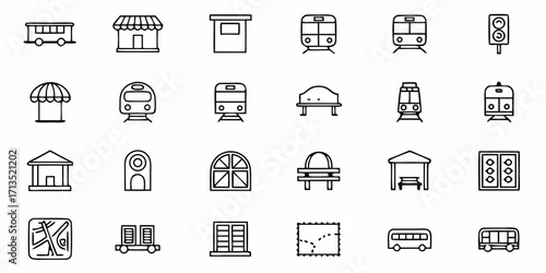Collection of transport and city related icons featuring trains buses and various city infrastructures