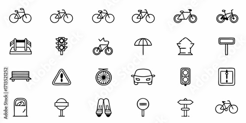 Collection of transportation and street related icons in black outline style vector illustration