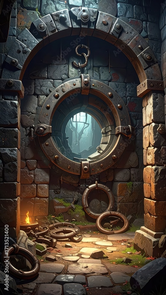 Fototapeta premium Mysterious Doorway in an Abandoned Stone Fortress at Dusk