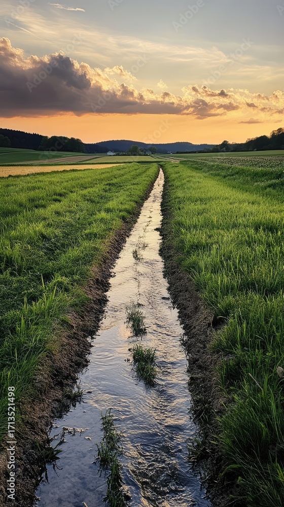 Naklejka premium A long grassy field with a stream running through it
