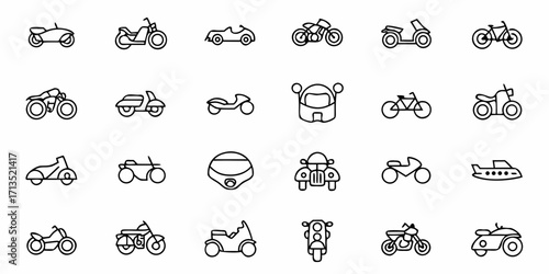 Collection of various types of motorbikes scooters and other vehicles in outline style and black color
