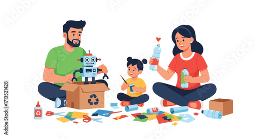 Adobe illustrator artwork vector illustration. A family-father, mother, and child-sits on the floor, happily engaged in a DIY recycling and crafting project. Sustainability, vector art