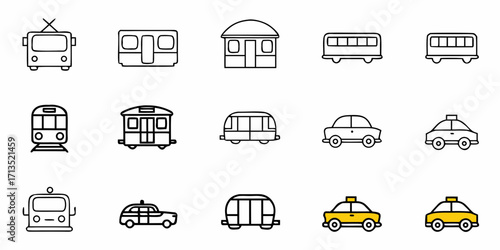 Illustration showing various modes of transportation including trains buses and cars in a simple outlined style
