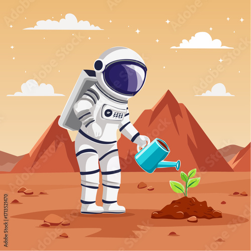 Astronaut planting a seedling on Mars, symbolizing hope and new beginnings