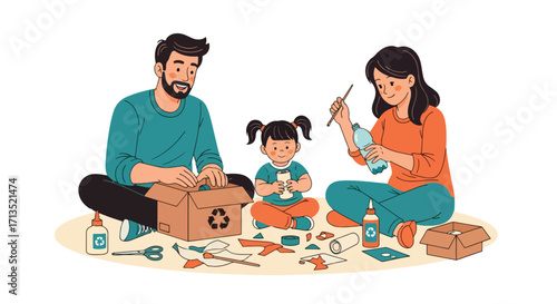 Adobe illustrator artwork vector illustration. A family-father, mother, and child-sits on the floor, happily engaged in a DIY recycling and crafting project. Sustainability, vector art