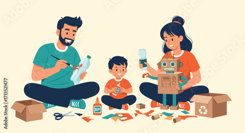 Adobe illustrator artwork vector illustration. A family-father, mother, and child-sits on the floor, happily engaged in a DIY recycling and crafting project. Sustainability, vector art
