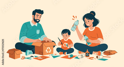 Adobe illustrator artwork vector illustration. A family-father, mother, and child-sits on the floor, happily engaged in a DIY recycling and crafting project. Sustainability, vector art