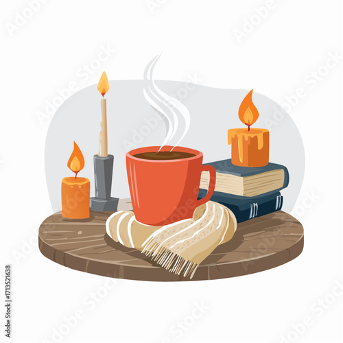 Indulge in the serene comfort of a perfect evening a steaming hot beverage in a classic mug, nestled with a soft knitted scarf, ambient candlelight, and a stack of beloved books