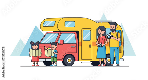 Adobe illustrator artwork vector illustration. A family with a camper van, a girl holding a map, and a dad taking photos, are on an adventurous trip near a volcano. Travel, vector