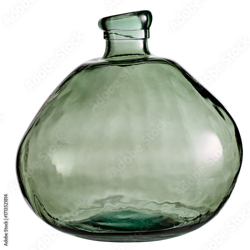 Round glass bottle, clear green vase cut out isolated transparent background