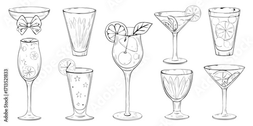 Collection of hand drawn cocktail glasses and drinks with fruit garnishes and ice