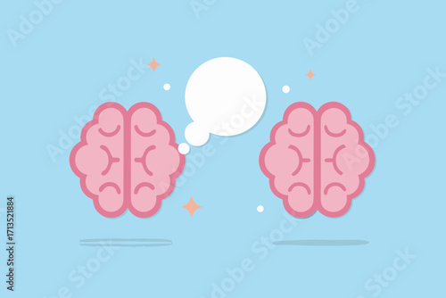 Two stylized pink brains communicating with a thought bubble in the center on a light blue background
