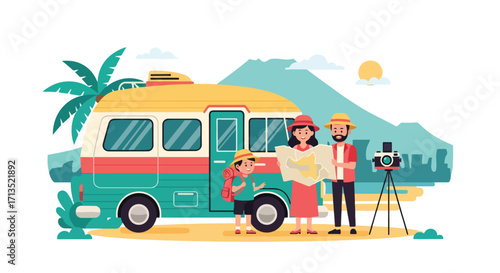 Adobe illustrator artwork vector illustration. A family with a camper van, a girl holding a map, and a dad taking photos, are on an adventurous trip near a volcano. Travel, vector