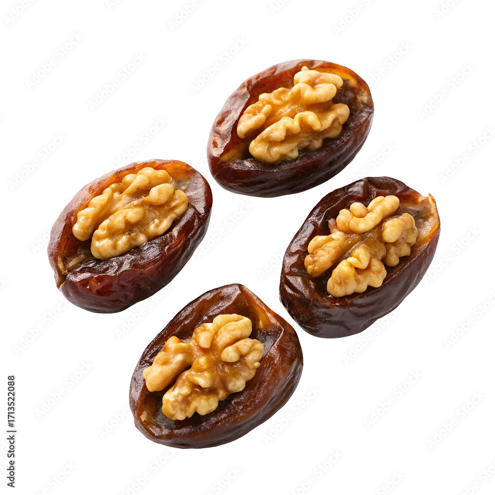 Obraz premium Four pitted dates stuffed with walnut halves on a black background dried fruit