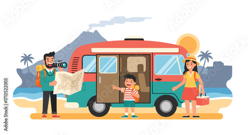 Adobe illustrator artwork vector illustration. A family with a camper van, a girl holding a map, and a dad taking photos, are on an adventurous trip near a volcano. Travel, vector