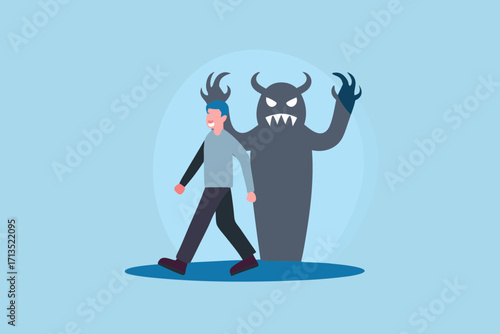 Man with a dark shadow monster behind him representing inner demons or fears