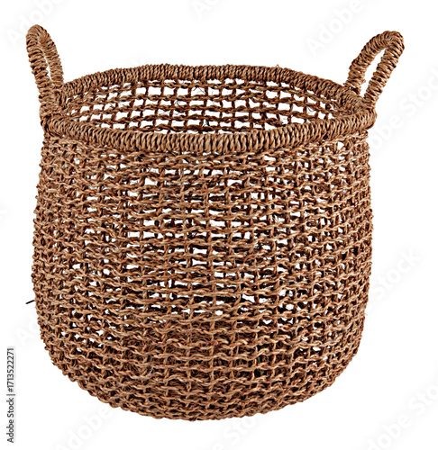 Woven basket with rope cut out isolated transparent background