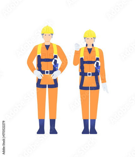建設・工事現場で働く男女 墜落制止用器具を着けた人物のベクターイラスト素材