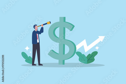 Businessman with telescope looking at dollar sign and upward trending graph symbolizing financial growth and investment opportunities