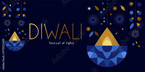 Diwali festival of lights abstract geometric design with diya lamps and decorative elements