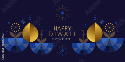 Happy diwali festival of lights with geometric designs and golden lamps on dark blue background