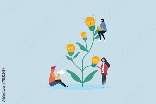 People nurturing a plant that grows light bulbs representing ideas and innovation