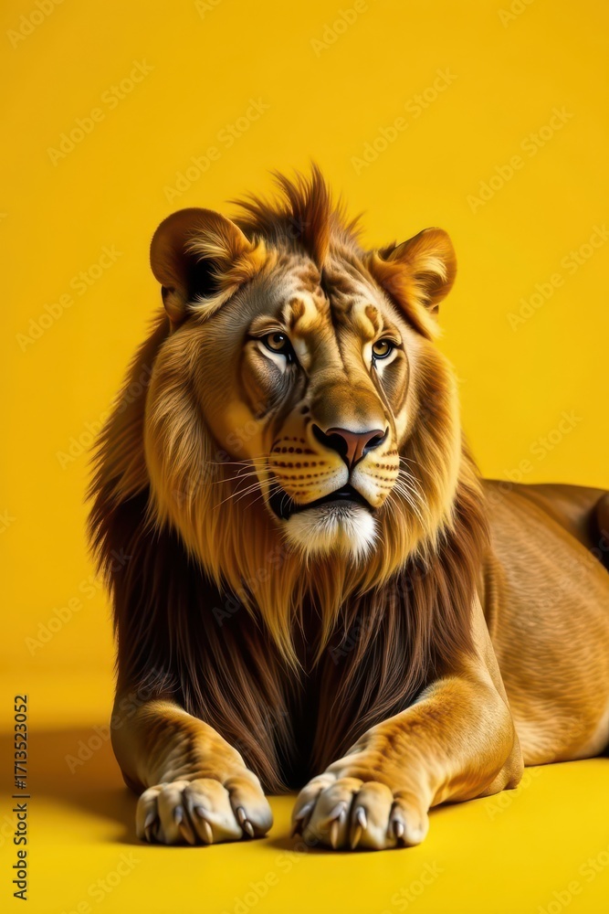 Fototapeta premium Majestic lion reclines, golden fur against vibrant yellow backdrop , light, color