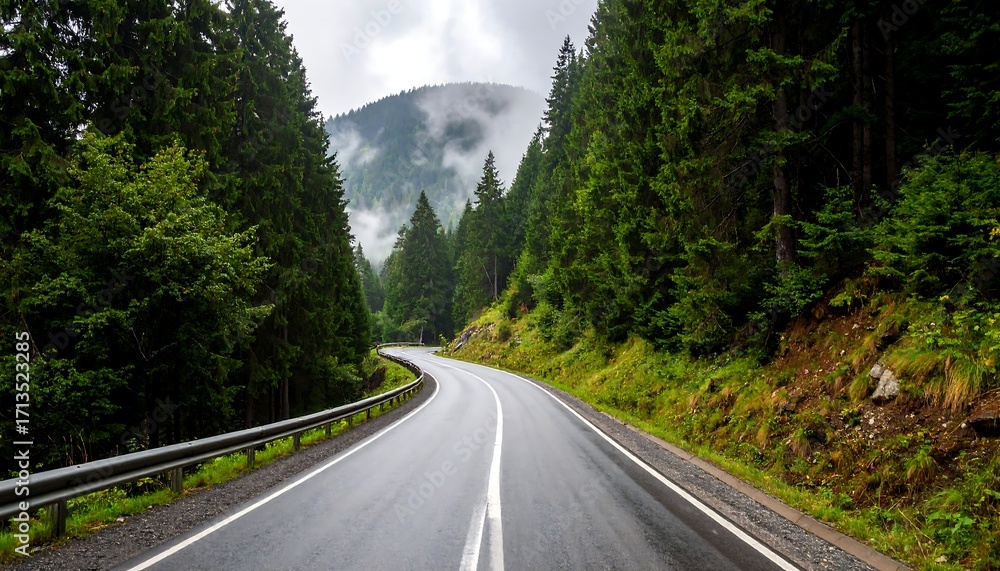 Fototapeta premium Winding road through misty forest