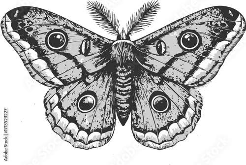 Detailed Black and White Moth Illustration insect butterfly