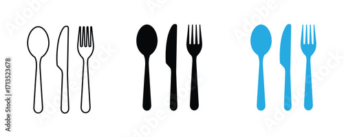  spoon, knife and fork icon set vector on white background. tableware, restaurant, utensil, silverware, dinner, eat, food, kitchen, metal, cook, tool, symbol.