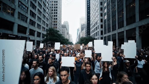 Diverse Crowd Marches Down City Street Holding Blank Signs for Demonstration or