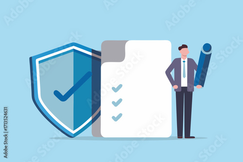 Man with pen and checklist next to a shield with a checkmark symbolizing security and approval