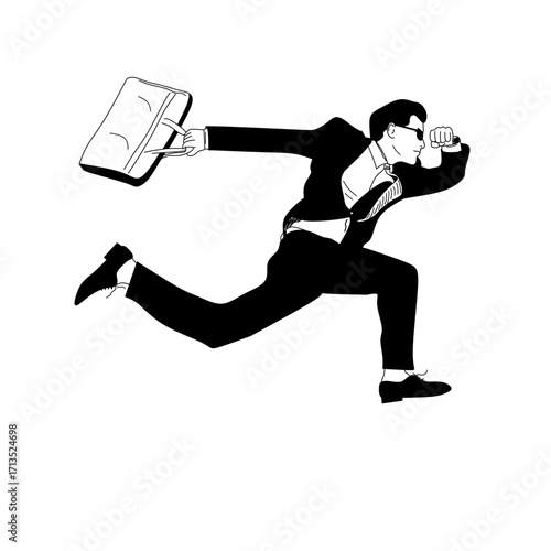 Vector illustration of a businessman running with a briefcase in hand. Perfect for concepts of deadline, rushing to work, time management, stress, or corporate urgency