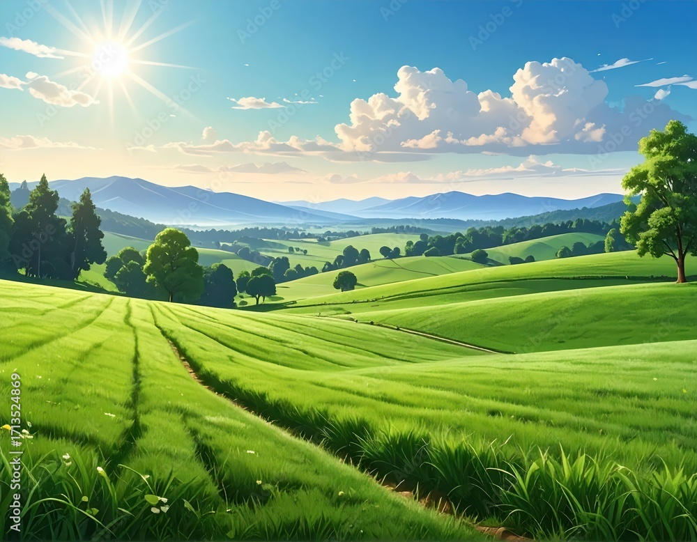 Fototapeta premium Serene Landscape with Rolling Hills and Bright Blue Sky